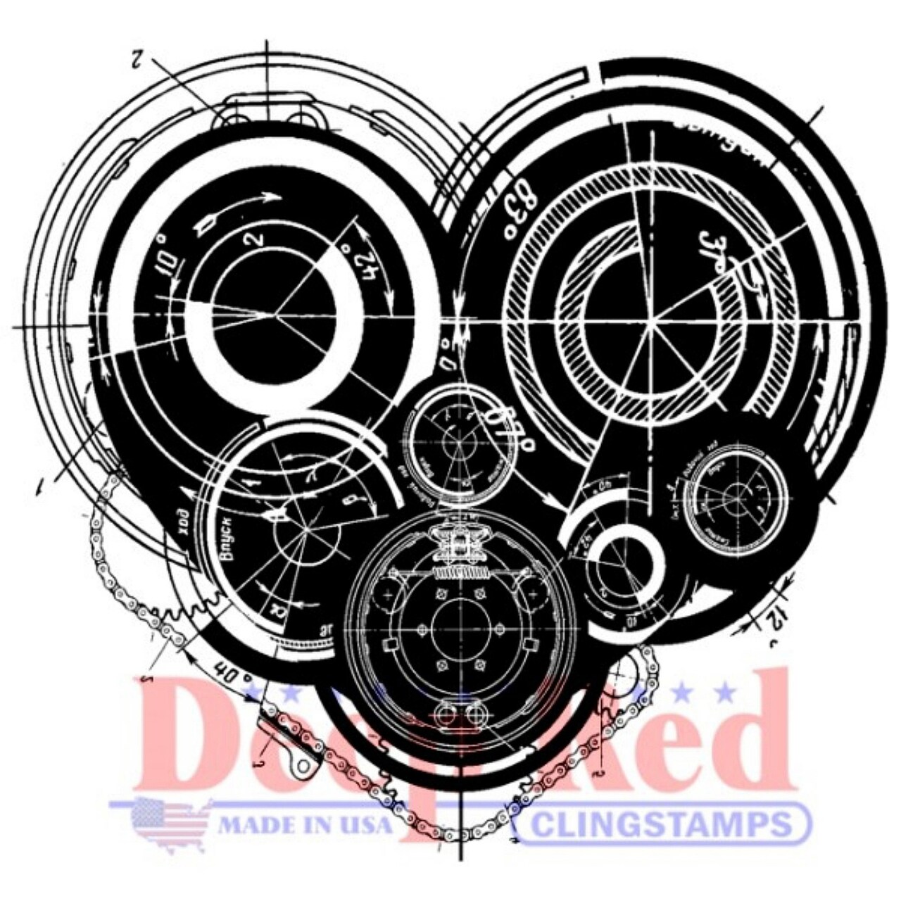 Deep Red Stamps Mechanical Heart Rubber Cling Stamp 2.1 x 2 inches